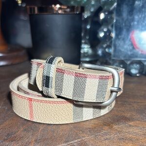 Vintage Burberry Cream Leather Belt classic plaid pattern brushed nickle small